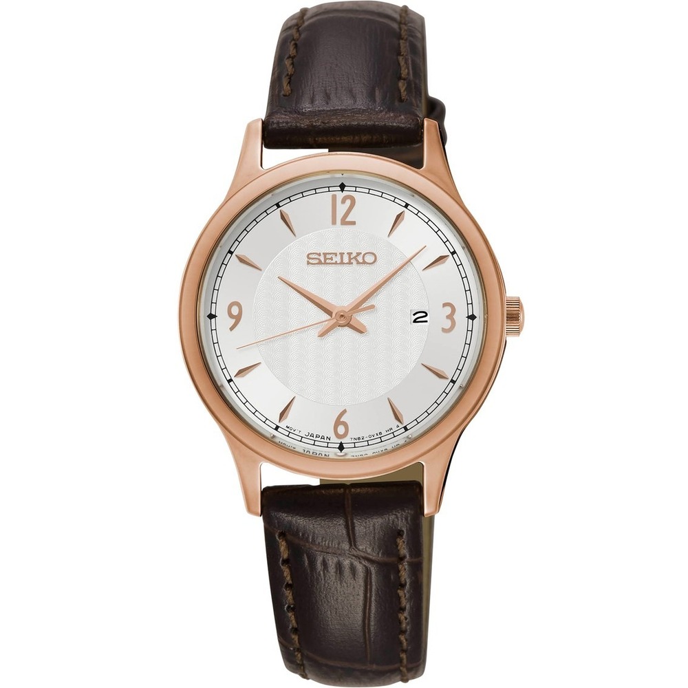 Seiko Essentials Ladies Rose Gold Brown Leather Strap Watch SXDG98 New
